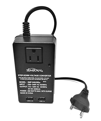 Simran Deluxe 2-in-1 Voltage Converter 2 USB Ports and 1-AC Outlet 200 Watt For 220V International Travel, SMF-240USB