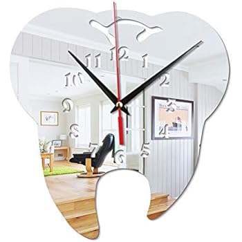Easyinsmile Unique Tooth Wall Clock Silent Dentist Decoration Mirror Decorative Clinic Ornament Dental Surgeon Gift Battery Powered