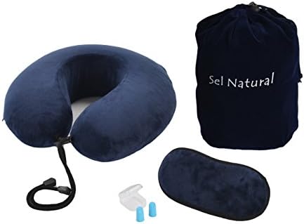 Memory Foam Travel Neck Pillow, U Shape Neck Pillow with Sleep Mask, Ear Plugs, Carry Bag--Adjustable Toggles and Velour Cover Blue