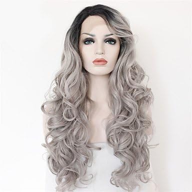SOUMAOG FGTDSV 2 Tones Synthetic Lace Front Wig Gray Black Ombre Wavy Wigs Top Quality , grey