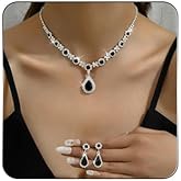Rhinestone Waterdrop Bridal Necklace Earring Set for Women Silver Crystal Wedding Choker Necklace Geometry Teardrop Dangle Drop Earrings Wedding Party Prom Jewelry Set for Bridal Bridesmaid (Black)