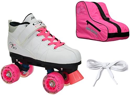 White Mach-5 GTX-500 LED Light UP Quad Roller Speed Skate Bundle w/ Pink Skate Bag &amp; 2 Pair of Laces (Pink &amp; White) (Mens 5)