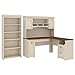 Bush Furniture Fairview 60W L Shaped Desk with Hutch and 5 Shelf Bookcase in Antique White and Tea Maple