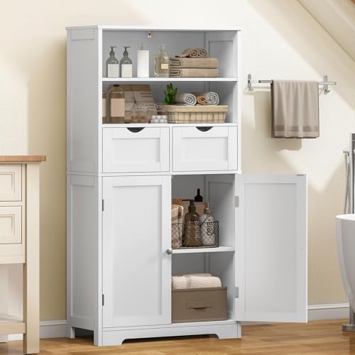 Bathroom Cabinet with 2 Drawers & 3 Adjustable Shelves, Bathroom Storage Cabinet, Cupboard for Living Room, Dining Room, Entryway, White