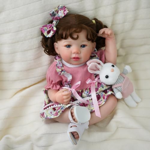 Boneca Bebê Reborn Realista Silicone 48cm Presentes para Meninas | Cabelo Implantado Olhos Azuis Vestido Rosa com Chupeta Magnética