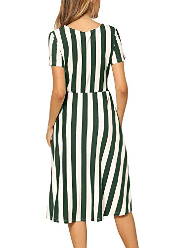 levaca Women Casual Swing Striped Loose Teen Pockets Midi Dress with Belt Green M - Thumbnail 4