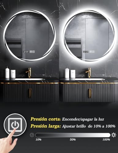 SAGIWO Espejo para Baño con Luz Led 70 * 70 cm, Espejo Inteligente Antivaho Redondo, con Luz Ajustable en 3 Colores, Función de Hora, Instalación Vertical/Horizontal