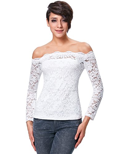 Kate Kasin Juniors White Floral Lace Shirt Sexy Off Shoulder T-Shirt Tops XL KK231-2