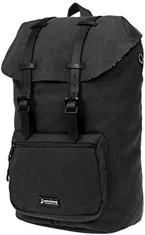HOOPOE Urban-Ido, Charcoal Black 16oz Waxed Canvas Outdoor Backpack with Padded Laptop Compartment & Earbud Hole, External Zip Pocket Water-Resistant, Lightweight, Men's Women's with Padding & Pockets
