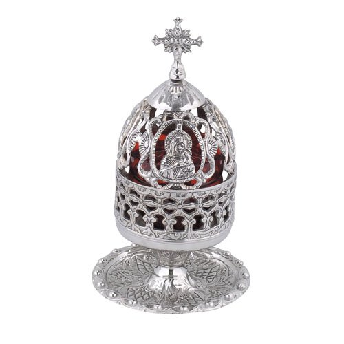 Engraved Nickel Plated Vigil Lamp with Holy Theotokos (9580 N)
