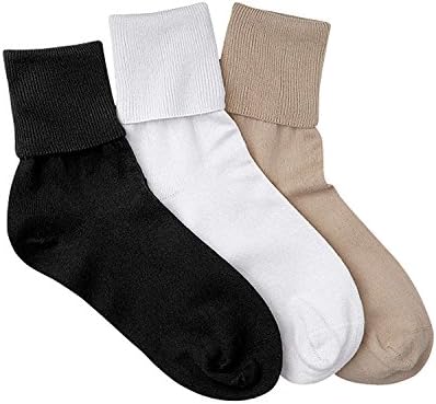 Women's 100% Cotton Socks -3 Pair Package Fold Over Black White Tan