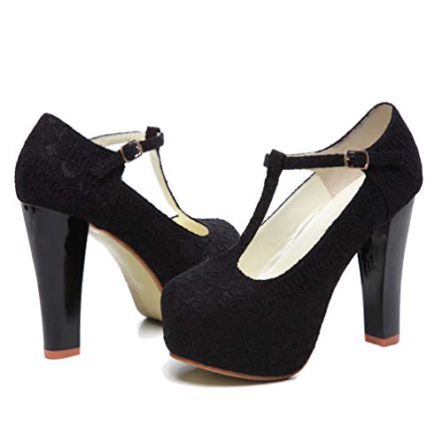 getmorebeauty Women Black Block Mary Janes T-Strappy Lace Dress Wedding Shoes 5 B(M) US - Thumbnail 5