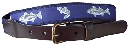 No27 Mens Striped Bass Leather Belt, Leather Tab and Buckle, Striped Bass Fish Nautical Leather Belt