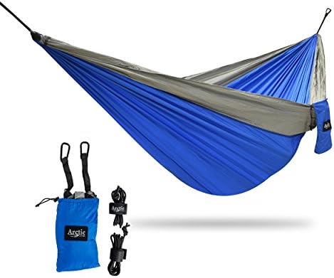 Double Camping Hammock by Arctic Current - Portable Lightweight Parachute Nylon Hammock for Camping, Backpacking or Travel - Includes Rope, Tree Friendly Nylon Straps &amp; Steel Carabiners (Blue / Gray)