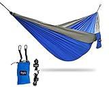 Double Camping Hammock by Arctic Current - Portable Lightweight Parachute Nylon Hammock for Camping, Backpacking or Travel - Includes Rope, Tree Friendly Nylon Straps & Steel Carabiners (Blue / Gray)