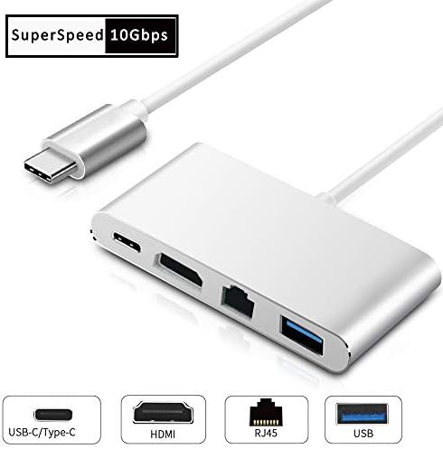 USB C to HDMI Adapter, Type-C Multi-Port to HDMI 4K Converter with USB 3.0 Hub, USB C Power Delivery, Gigabit Ethernet RJ45 Ports Connector for MacBook Pro 2016/2017/2018 and More USB C Devices