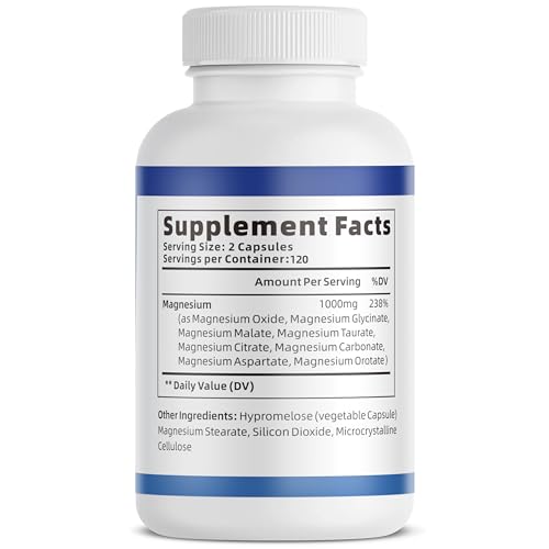 1000mg Magnesium Complex for Women and Men, Magnesium Glycinate, Citrate, Malate, Taurate, Oxide, Carbonate, Aspartate, Orotate, 8-in-1 Magnesium Supplement - Non GMO 240 Capsules