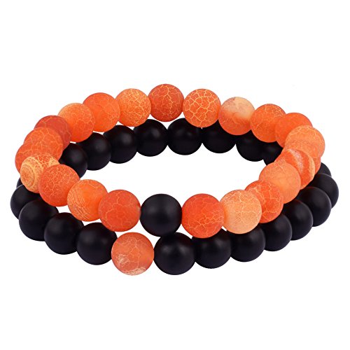 Jenbert 2Pcs Distance Bracelets Set Agate Stone Beads Friendship Bracelets Black Matte Frosted Stone Bracelets for Couples