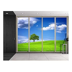 Wall26 - Clouds Over Lone Tree on a Grass Hill Viewed from Sliding Door - Creative Wall Mural, Peel and Stick Wallpaper, Home Decor - 66x96 inches