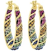 Savlano 14K Gold Plated Inside Out Multicolor Rainbow Crystal Hoop Earrings For Women Comes With Gift Box