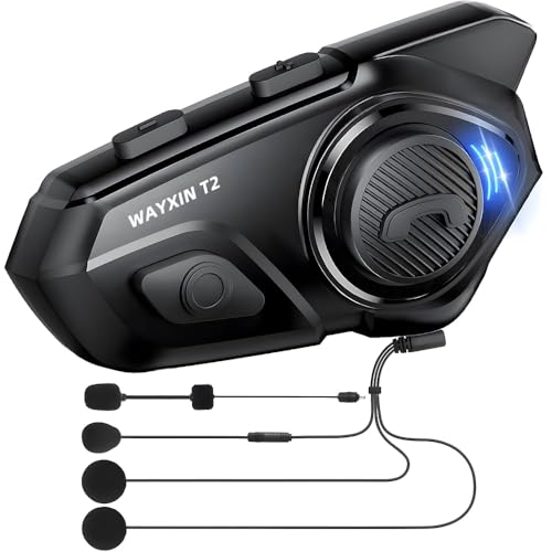 WAYXIN T2 Motorcycle Headset with Intercom, Helmet Communication System for 2 People in Range of 300 m, with Voice Assistant, Waterproof Hands-Free Calling, Music Call Control (1 Piece)