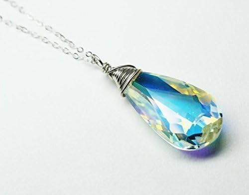 Swarovski Teardrop necklace, AB Crystal jewelry, dainty sterling silver chain, bright multi color sparkle, elegant tear drop necklaces