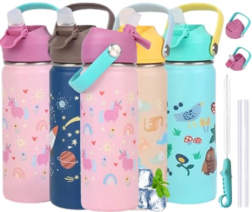 CHARMDOMI Termos para Agua Niños,Botella de Agua 18 oz,Thermos Kids Rosa/Azul/Amarillo/Verde,Acero Inoxidable Doble Capa con Popote,Termo y Botellas Frio y Caliente (Rosa)