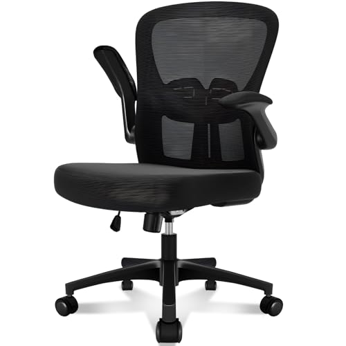 Durrafy Ergonomic Office Chair, Mesh Desk Chair with Adjustable Lumbar Support & Flip-Up Arms, Height Adjustable Swivel for Home Office, Mid Back with Castors, Black