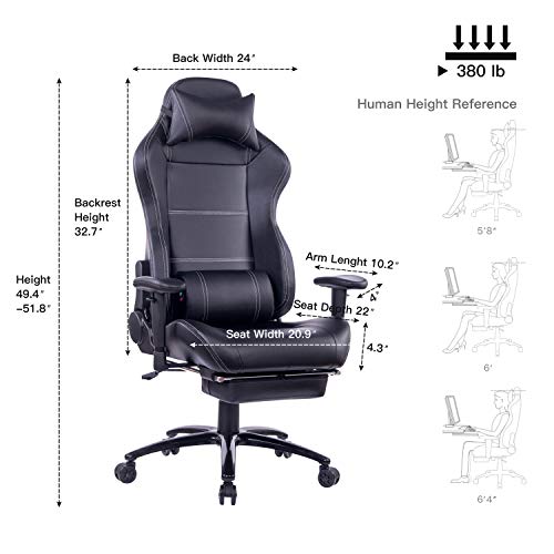 Blue Whale Massage Gaming Chair with Footrest Matel Base-Memory Foam Adjustable Backrest Reclining PC Computer Video Gamer Chair Racing High Back Game Chairs PU Leather Desk Office Chair BW/263 Black