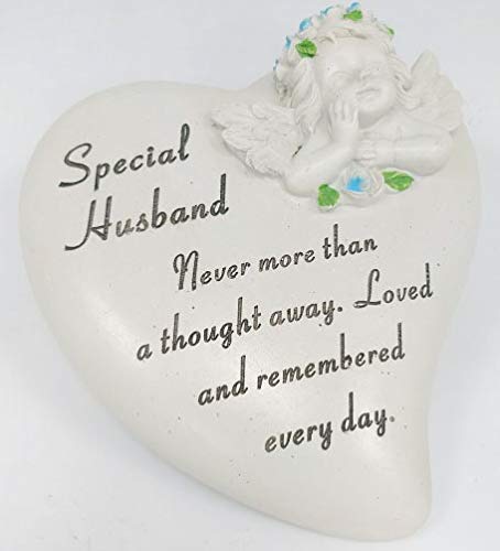 David Fischhoff Husband Cherub Heart Stone With Blue Flowers Ornament Grave Plaque, Waterproof and Weather Resistant