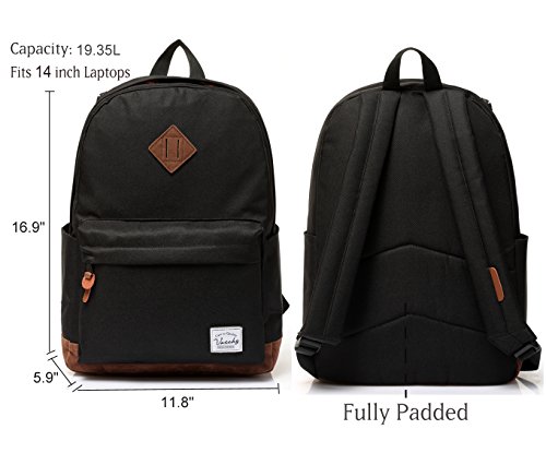 Vaschy Unisex Classic Lightweight Water-resistant Campus School Rucksack Travel Backpack Bookbag Black Fits 14-Inch Laptop