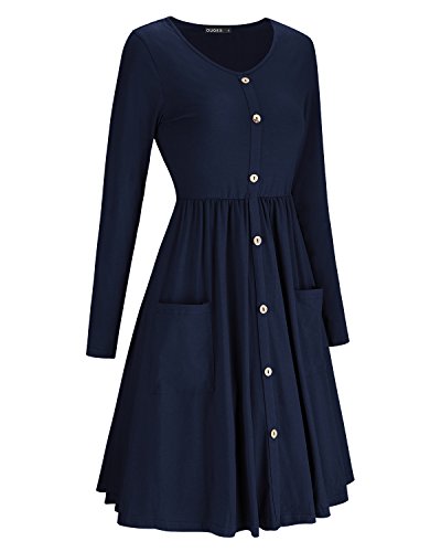 OUGES Women's Long Sleeve V Neck Button Down Midi Skater Dress with Pockets(Navy,XL)