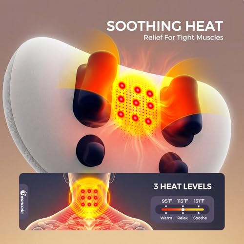 swancode Upgraded Deep Tissue Neck Massager Pillow with Heat, Shiatsu Kneading Neck & Shoulder Massager for Pain Relief, Cordless Portable Massage Pillow for Home Office & Car, Grey & Blue