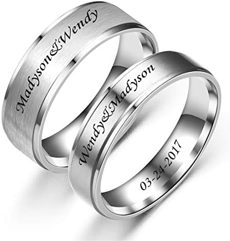 Custom Engraving Set of 2 His and Hers Name Couples Matching Ring Set Brushed Stainless Steel Beveled Edges Band