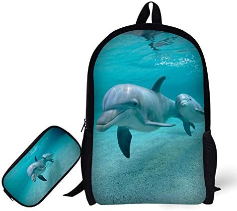 School Backpack, 3D Print Dolphin Pattern 17 Inch Bookbag with Pencil Bag