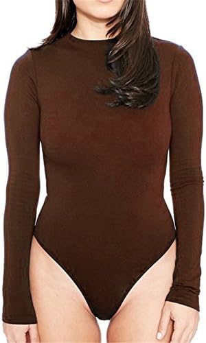 JudyBridal Women's Long Sleeve Sexy Stretch Bodysuit Leotard Top (L, Brown)