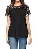 Allegra K Women Lace Panel Upper Semi Sheer Yoke Short Sleeves Blouse L Black