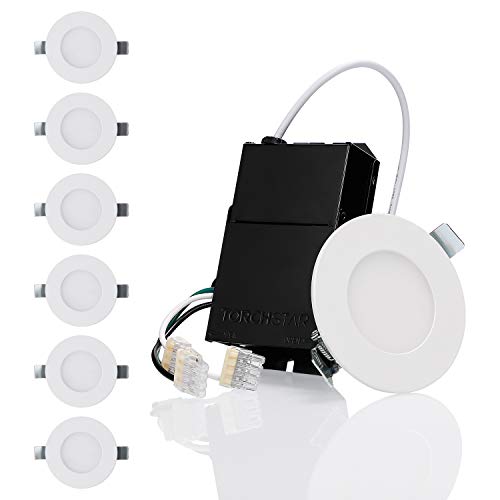 TORCHSTAR Premium 7W 3-Inch Ultra-Thin LED Recessed Light with J-Box, 5000K Daylight, Dimmable Slim Panel Wafer Downlight, 400lm, ETL & Energy Star, 5 Years Warranty, White Finish, Pack of 6