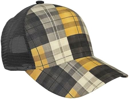Yellow Gray Black Plaid Print Baseball Hats Adjustable Beach
