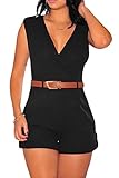 Pink Queen Women's Sexy V-Neck Sleeveless Short Jumpsuit Romper with Belt