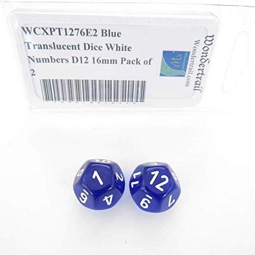 Blue Translucent Dice with White Numbers D12 Aprox 16mm (5/8in) Pack of 2 Wondertrail