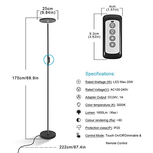 LED Torchiere Floor Lamp 20W with Super Bright Light,Adjustable Tall Standing Pole Light, Remote Control Uplight Floor Lamp for Reading, Living Room, Bedroom, Office (Black)