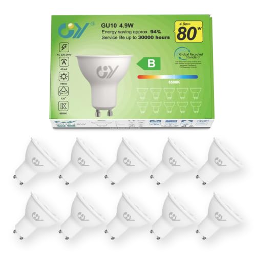 GY GU10 LED Bulbs 4.9W Equivalent 80W, 790LM 6500K Cool White, 120° Beam Angle, Energy Efficiency GU10 Bulb, Non-Dimmable, Pack of 10