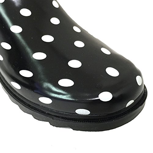 G4U Women's Rain Boots Multiple Styles Color Mid Calf Wellies Buckle Fashion Rubber Knee High Snow Shoes (8 B(M) US, Black Polka Dots)