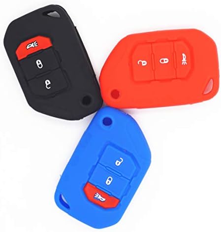 3Pcs MJKEY Black Red Blue Silicone Remote Smart 3 Buttons Flip Key Fob Case Covers Skin Jacket Protector Bag Holder for Jeep 2018 2019 2020 Wrangler JL Gladiator JT 68292942AA