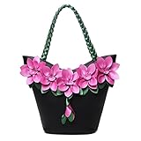 Women Shoulder Bag Handbag Tote Purse PU Leather Crossbody Flower with Weave Handle Bags White By Celsino (Black)