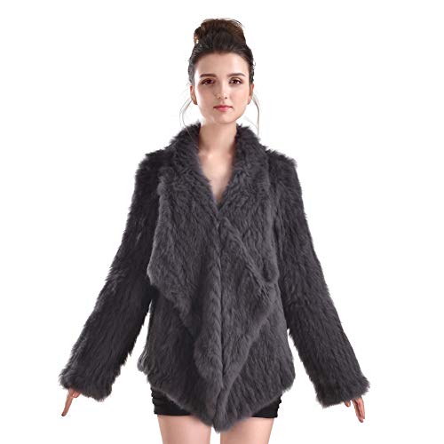 VEMOLLA Women's Genuine Knit Rabbit Fur Coat Jacket Outwear with Pocket - Thumbnail 3
