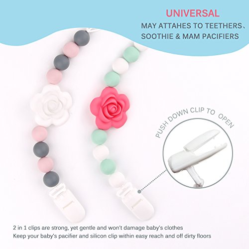 TYRY.HU Pacifier Clips Silicone Teething Beads BPA Free Binky Holder for Girls, Boys, Baby Shower Gift, Teether Toys, Soothie, Mam, Drool Bibs, Set of 2 ( Pink, White Roses )