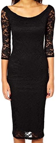 CrazyDay Womens 3/4 Sleeve See-Through Lace Stylish Package Hip Midi Dress Black XS