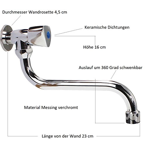 Sanixa GO700700 Kaltwasser Wand-Ventil | Messing verchromt | schwenkbarer Auslauf | Kaltwasserventil | Wandarmatur… – Bild 3
